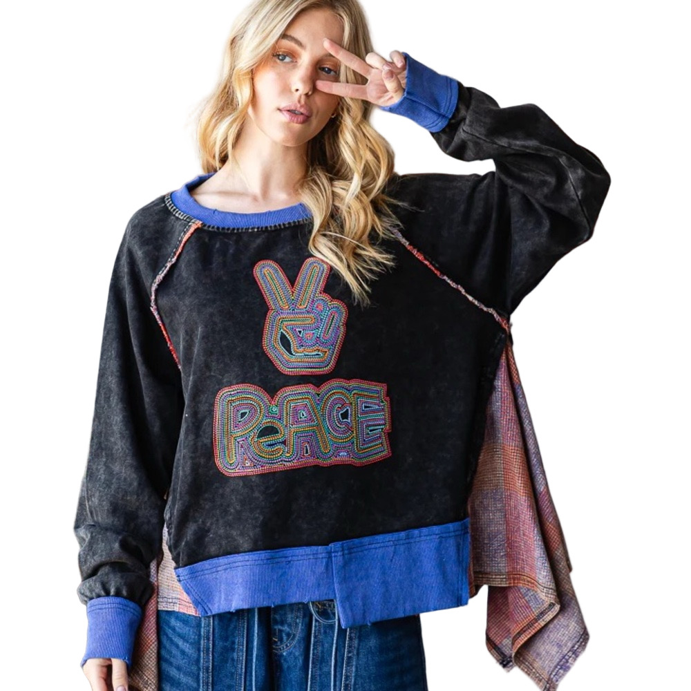 OLI & HALI WASHED PEACE PATCHWORK PULLOVER TOP (black)